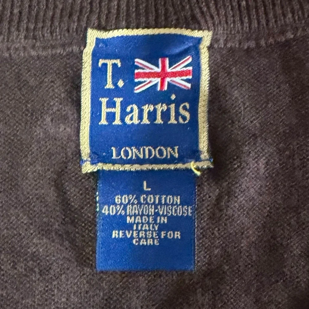 T. Harris London Men's V-neck Argyle Sweater Red &‎ Brown Size L Made In Italy